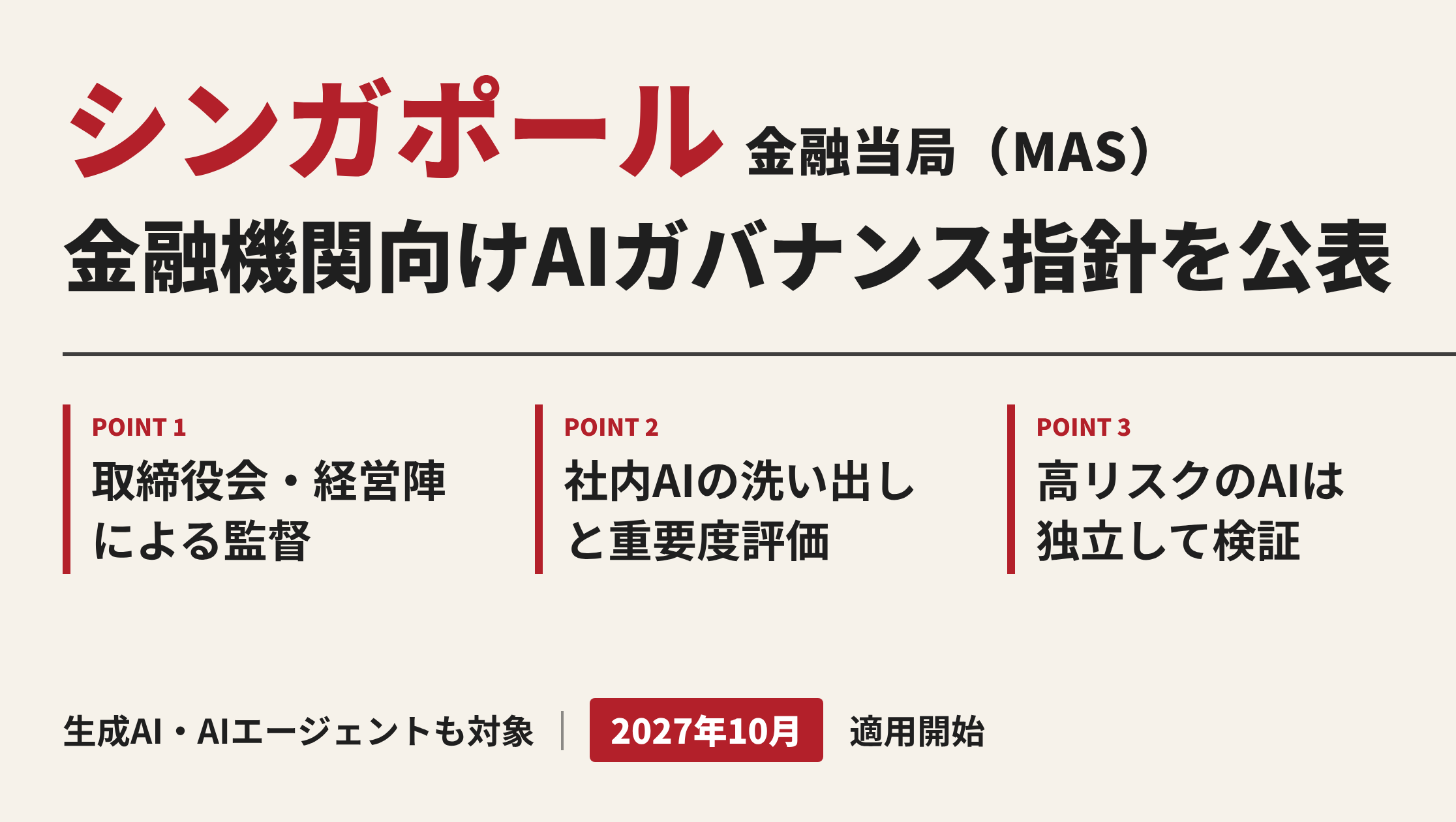 シンガポール金融管理局、金融機関向け「AIガバナンス」指針を公表　経営の監督責任を明確化、リスクの重要度に応じた管理を求める　27年10月から適用のサムネイル画像