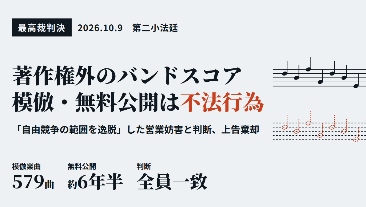 最高裁、著作物でなくても「バンドスコア」の模倣・無料公開に賠償責任――最判小二 令和8年10月9日 損害賠償請求事件 上告棄却のサムネイル画像